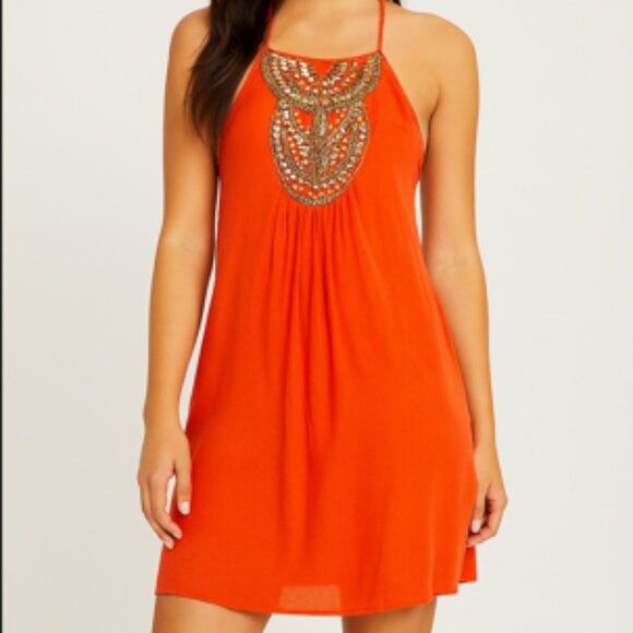 Trina Turk Embellished Orange Halter Sundress with Beaded Detail Size 0 - Picture 1 of 5